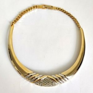 Stunning Vintage 80s Gold Plated Bib Chocker Necklace With Clear Crystals Accent